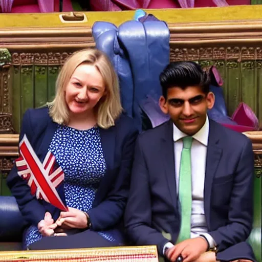 Image similar to Liz truss and Rishi sunak and the devil laughing together in parliament. Daily Telegraph.