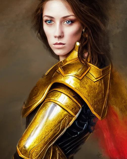 Image similar to gouache portrait of woman in shining golden armor, high production value, intricate details, high resolution, hdr, high definition, masterpiece, realistic, ultrarealistic, highly detailed, hd, sharp focus, non blurry, sharp, smooth