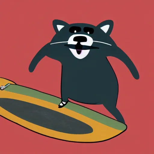 Image similar to cartoon illustration of a raccoon riding a skateboard