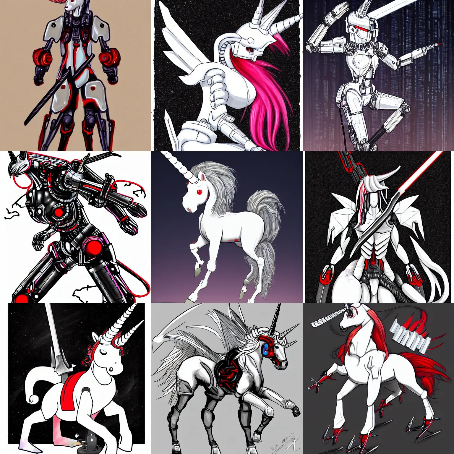 Prompt: a drawing of a cyborg white unicorn with black and red mane and tail with cybernetic legs and forelegs standing upright like a person with a sword, cyberpunk art by ai - mitsu, featured on deviantart, dau - al - set, flat shading, apocalypse art, sci - fi