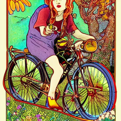 Prompt: hoffman bicycle trip, blotter art, in the style of robert crumb and lisa frank, studio ghibli, mucha, art nouveau, art deco, beautiful nature, serenity, cartoon, realistic, photograph, trending on artstation, vivid, surreal, beautiful, loving athmosphere, summer of love, smiling faces, tasty, smelling good, good vibrations, gentle breeze blowing