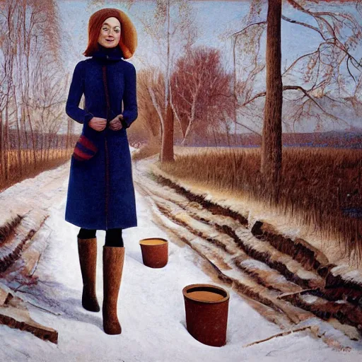 Prompt: emma stone in boots walking to outdoor toilet, winter, russian depression, chthonic, by grant wood, shulzhenko, nikolay kopeykin, lozhkin, vdovenko