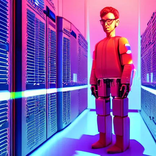 Image similar to hyperrealism colour detailed photography scene by stanley kubrick of highly detailed stylish system administratorfrom the far future as robot human style by gragory crewdson and katsuhiro otomo, mike winkelmann with many details by josan gonzalez working at the detailed data center by laurie greasley hyperrealism stock photo on dsmc 3 system volumetric led light rendered in blender