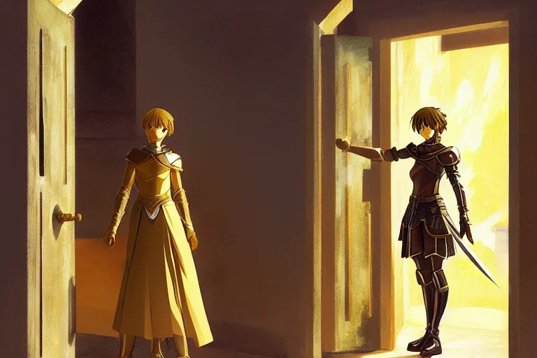 Image similar to anime key visual of young female fantasy knight, shoulder length brown hair shining detailed platinum and gold armor, wielding two daggers, standing in the doorway of an ancient monastery, style of jamie wyeth james gilleard edward hopper greg rutkowski acrylic painting, preserved museum piece, historical