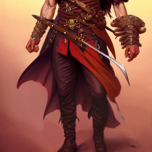 Prompt: full body shot of male pirate, D&D, handsome, amber eyes, muscular, fantasy, intricate, long hair, red hair, elegant, highly detailed, digital painting, artstation, concept art, smooth, sharp focus, illustration, art by artgerm and greg rutkowski and alphonse mucha