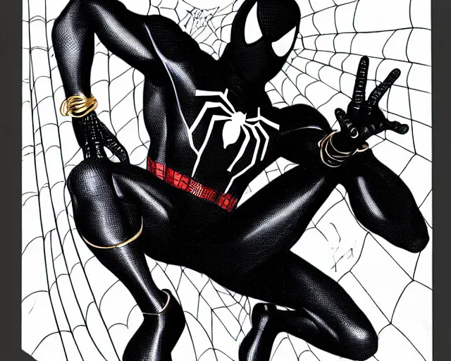 Image similar to photorealistic sketch of black spider - man with gold webbing by steve ditko