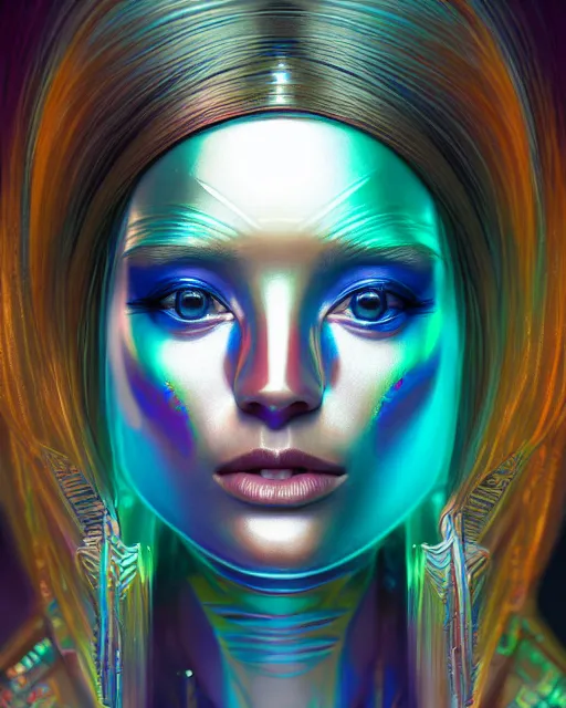 Prompt: highly detailed surreal vfx portrait of a metallic chromatic geometric tribal woman, behance, stephen bliss, unreal engine, greg rutkowski, loish, rhads, beeple, makoto shinkai and lois van baarle, ilya kuvshinov, rossdraws, tom bagshaw, alphonse mucha, global illumination, detailed and intricate environment