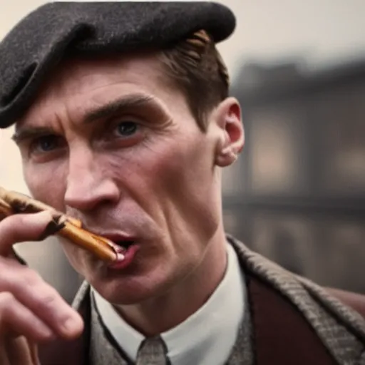 Prompt: a realistic photograph of thomas shelby from the peaky blinders smoking a pink cigar