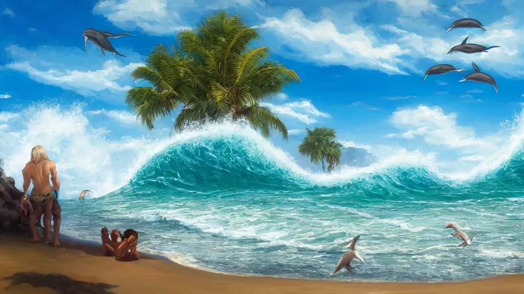 Image similar to first person view of breaking waves on the shore, summer, clear beautiful sky, bright sky, dolphins jumping and playing near the shore, peaceful, amazing, by andreas rocha and john howe, and Martin Johnson Heade, featured on artstation, featured on behance, golden ratio, ultrawide angle, f32, well composed