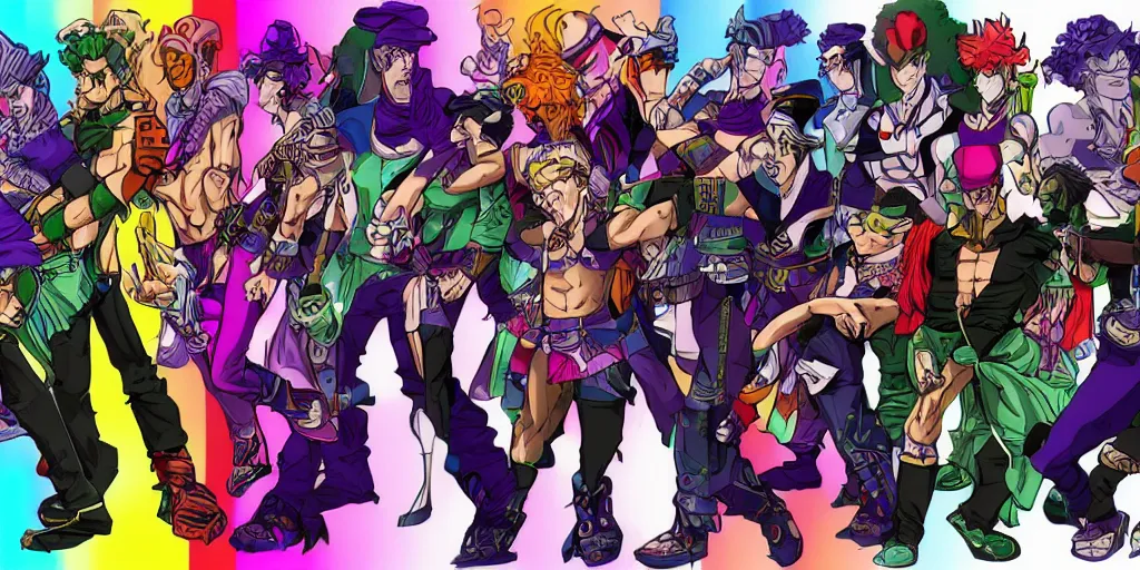 Prompt: detailed colorful full body jojo bizzare adventure ` s concept art