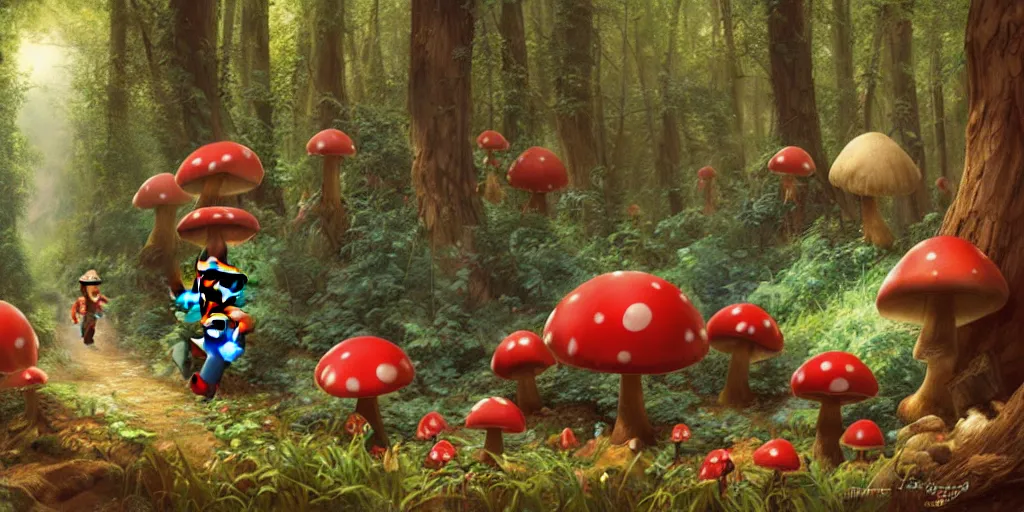 Prompt: Mario roaming through a forest landscape, Mushroom Kingdom, Super Mario Theme, giant red and white spotted mushrooms, by Stanley Artgerm Lau , greg rutkowski, thomas kindkade, alphonse mucha, loish, norman Rockwell