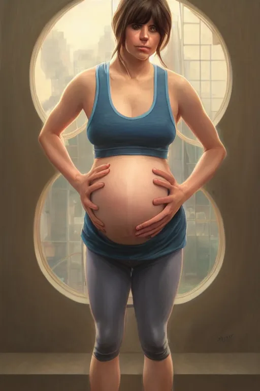 Image similar to pregnant zooey channel in a tight gym tank top, realistic portrait, symmetrical, highly detailed, digital painting, artstation, concept art, smooth, sharp focus, illustration, cinematic lighting, art by artgerm and greg rutkowski and alphonse mucha