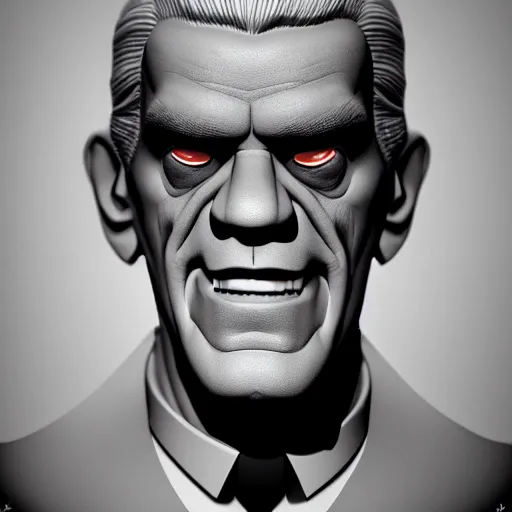 Image similar to hyperrealistic face portrait of frankestein monster actor boris karloff smiling, hyper real, flash photography, hyper detail, unreal engine,