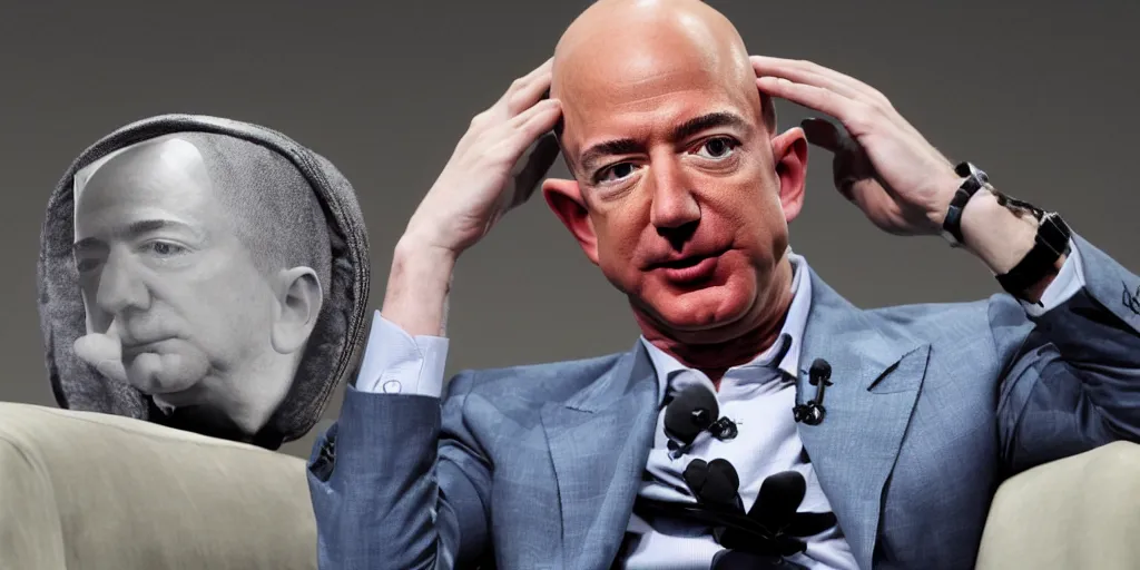 Image similar to ' jeff bezos holding his own head