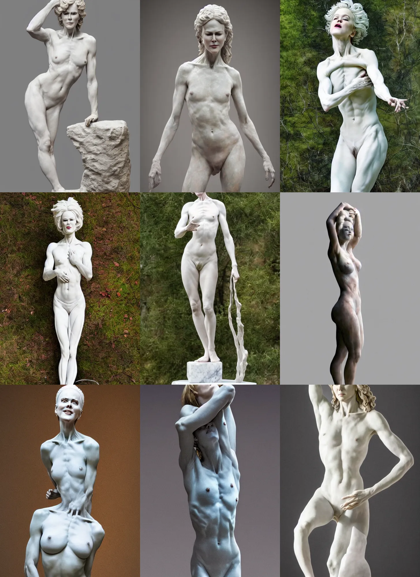 Prompt: sculpture statue of Nicole Kidman by Jean-Baptiste Carpeaux and Luo Li Rong and Michael James Talbot, all body, standing athletic pose, perfect symmetrical face, psychedelic, bodypaint, colored, white marble, in full growth, elegant, realistic, 8K, female full-skin figure, hyperrealism, subsurface scattering, raytracing, rim light, Octane Render, Redshift, Zbrush