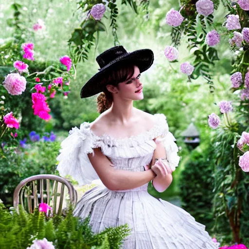Image similar to wearing raybands full body fashion model emma watson smokey eyes makeup eye shadow fantasy, glow, shimmer as victorian woman in a long white frilly lace dress and a large white hat having tea in a sunroom filled with flowers, roses and lush fern flowers ,intricate, night, highly detailed, dramatic lighting , high quality