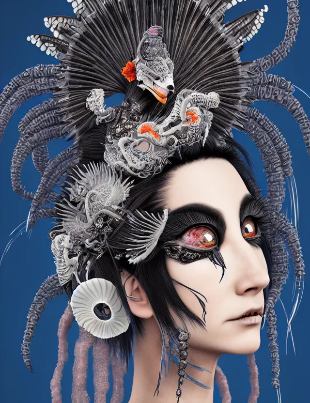 Image similar to 3 d goddess close - up profile portrait punk with mohawk in victorian style with ram skull. beautiful intricately detailed japanese crow kitsune mask and clasical japanese kimono. betta fish, jellyfish phoenix, bio luminescent, plasma, ice, water, wind, creature, artwork by tooth wu and wlop and beeple and greg rutkowski