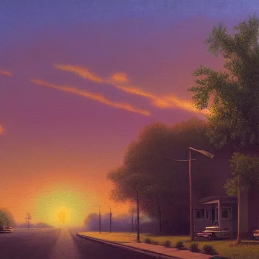 Image similar to a detailed cinematic render of a utopian 1 9 5 0 s american neighborhood at sunset by steven outram, photoreal