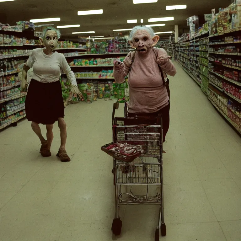 Prompt: elderly goblin women in abandoned grocery store aisle rushes towards you after you tell her no worries, 50mm film, flash photography