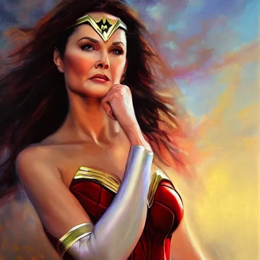 Image similar to portrait of Lynda Carter as Wonder Woman in the morning sun, Danile Gerhartz, oil painting