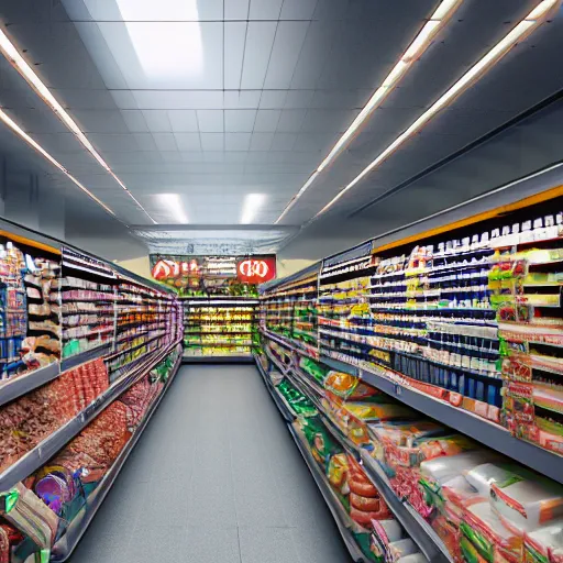 Image similar to grocery store aisle at the bottom of the ocean, cinematic movie scene, 120mm wide shot, precise architectural rendering, concept art, unreal engine, octane render, god rays