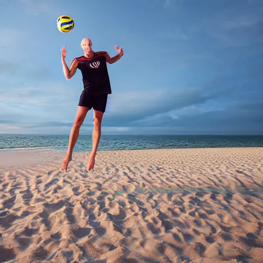 Prompt: portrait of nosferatu playing beach volley, sport photography