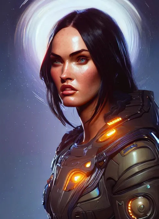 Image similar to portrait of apex legends megan fox, intricate, elegant, glowing lights, highly detailed, digital painting, artstation, glamor pose, concept art, smooth, sharp focus, illustration, art by artgerm and greg rutkowski, artey freytag