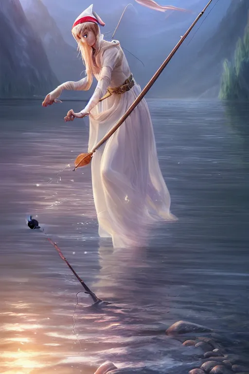 Prompt: elegant elf fishing in lake, highly detailed, d & d, fantasy, highly detailed, digital painting, trending on artstation, concept art, sharp focus, illustration, global illumination, ray tracing, realistic shaded, art by artgerm and greg rutkowski and fuji choko and viktoria gavrilenko and hoang lap