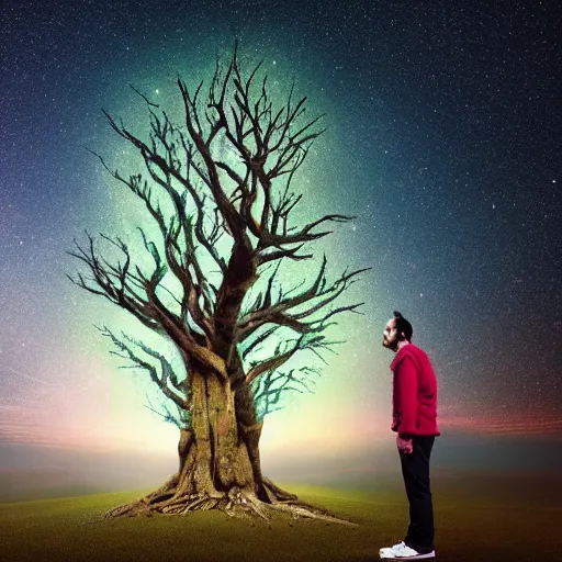 Prompt: a human man standing next to a cosmic tree, a sense of awe, amazement, monogon, plasma display, damascus, morph, in a symbolic and meaningful style