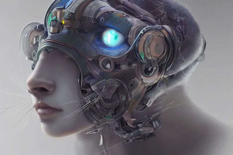 Prompt: “ a extremely detailed stunning portraits of solarpunk cyborg female cat by allen william on artstation ”