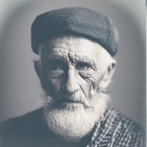 Image similar to polaroid photo of an older man, about 1 2 0 years old, with wrinkles on his face, looking towards infinity with a sad look, a two - day beard and a woolen cap while his lips are chapped by the sun, as well as his dark complexion