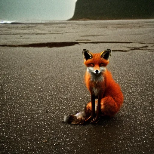 Prompt: Anthropomorphic fox in the middle of an old battlefield that is crumbling into a turbulent ocean, thunderstorm, 35mm picture