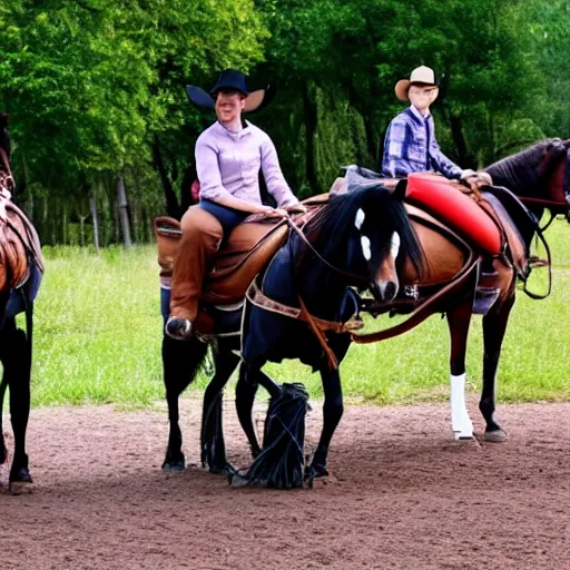 Image similar to Western, people on horses with wheels instead of legs