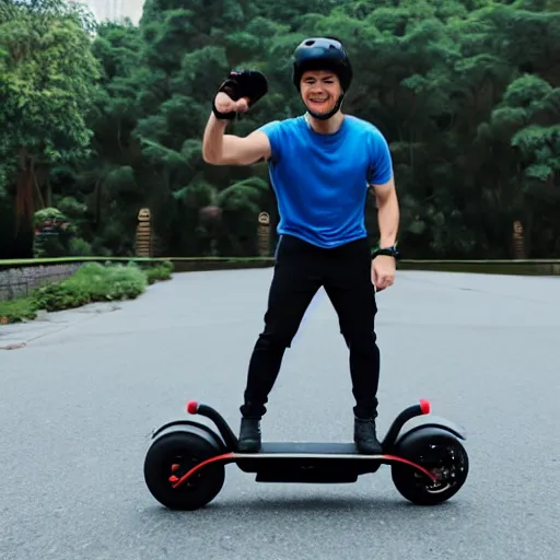 Image similar to man standing on electric onewheel unicycle scooter, man in naruto run pose, gopro, sports action, cinematic, product image