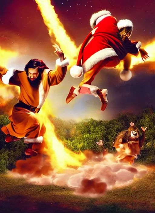 Prompt: Santa and Jesus' Totally Radical Adventure, action shot of them jumping away from an explosion towards us, cinematic shot, movie