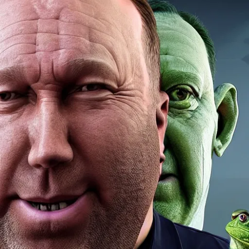 Prompt: hyperrealistic mixed media image of info wars alex jones with ( bullfrog face ), stunning 3 d render inspired art by xiang duan and thomas eakes and greg rutkowski, perfect facial symmetry, hyper realistic attributes and atmosphere, dim volumetric cinematic lighting, 8 k octane render, post - processing, masterpiece,