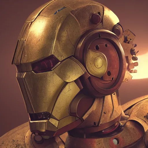 Prompt: A still life of a rusty robot, Pieter Claesz, William James Glackens, ((chains)), ((gears)), helmet, Iron man, (Unreal Engine), Octane render, mountain background