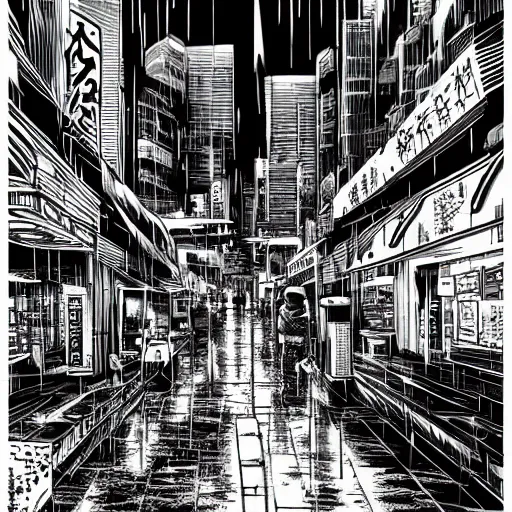 Prompt: manga illustration of poor cyberpunk city, rainy weather, highly detailed