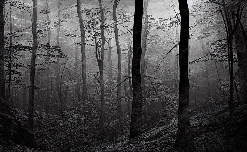 Prompt: fell by fiend in dark forest, black and white paper with detailed red lines, matte painting, concept