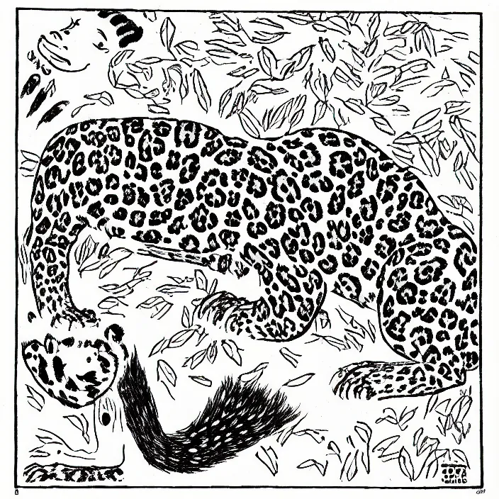 Image similar to a still frame from comic strip, leopard dancing with rabbit 1 9 5 0, herluf bidstrup, new yorker illustration, monochrome contrast bw, lineart, manga, tadanori yokoo, simplified,