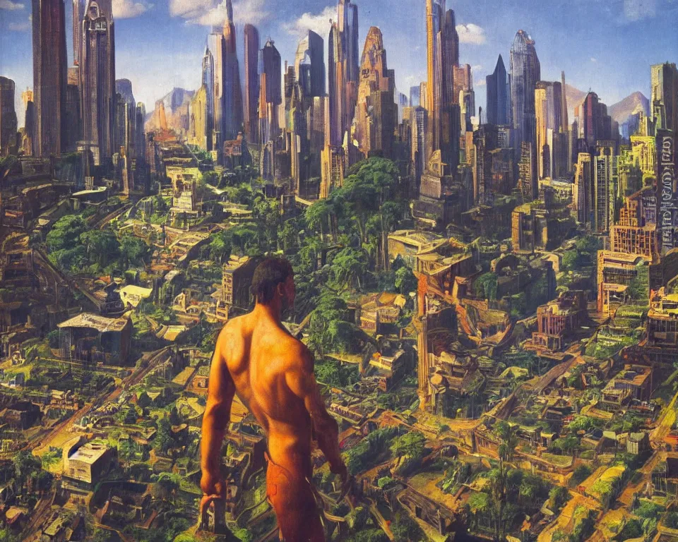 Prompt: an achingly beautiful oil painting of an Incan God standing alone in the square of a vibrant futuristic jungle city by Raphael and Hopper.