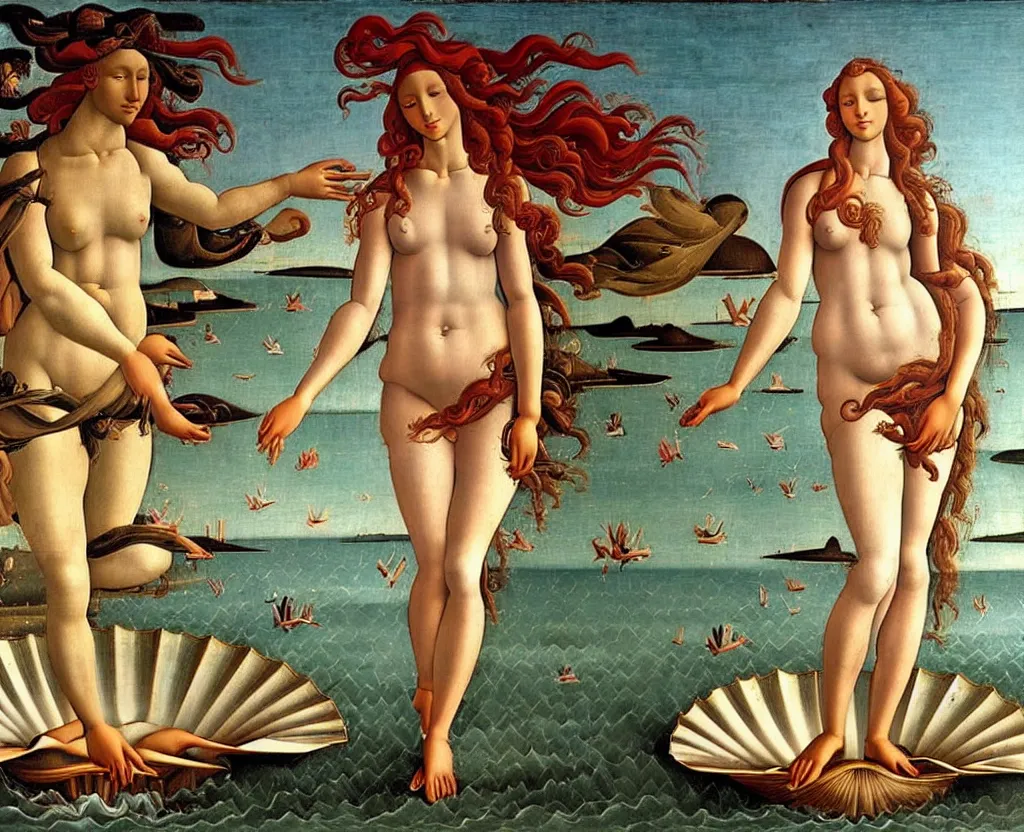 Prompt: Botticelli The birth of Venus as a pretty African woman rising from the sea on a shell, accurate face