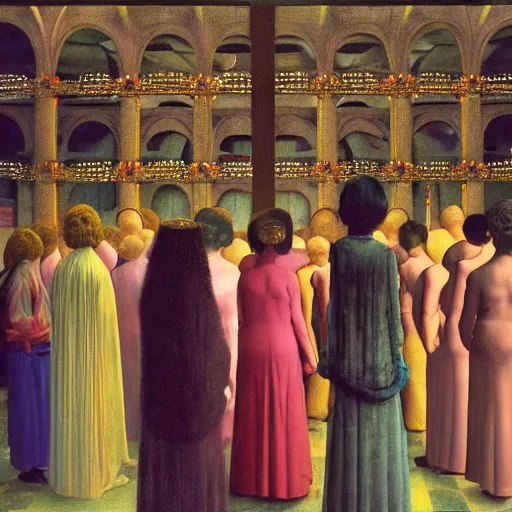 Image similar to a procession of women in a giant metaphysical temple, hyperrealistic film still by gottfried helnwein, by klimt, by paolo uccello, art nouveau, highly detailed, lights by edward hopper, liminal, eerie, metaphysical, bright pastel colors,