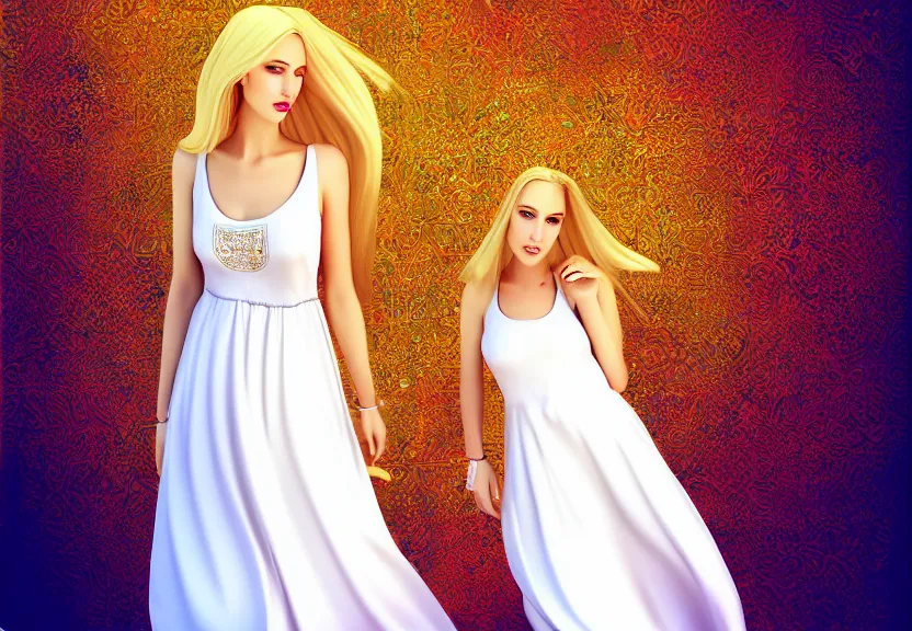 Image similar to a golden hair blond young lady in beautiful white dress in the city of marakesh cyber pank style, digital art