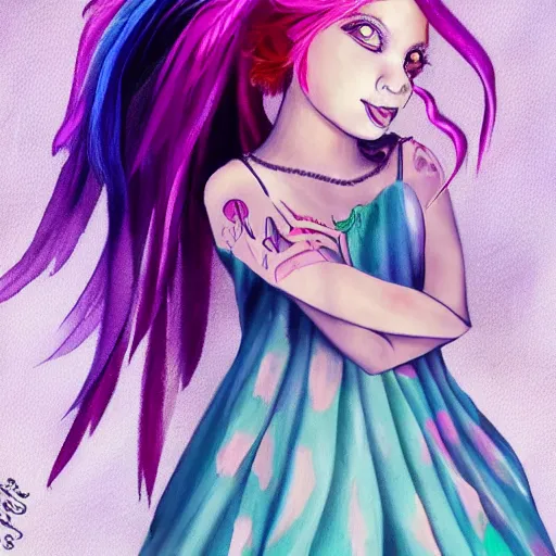 Prompt: little girl with eccentric pink hair wearing a dress mada of purple feather, artwork made by dcwj