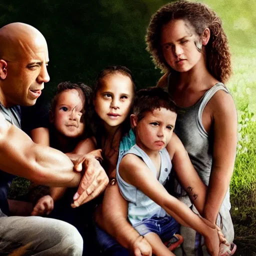 Image similar to closeup photo of vin diesel and his wife and 6 children, sunny day, village house, pastoral, happy, very high detail of faces, cinematic, art by jan urschel and neil blevins