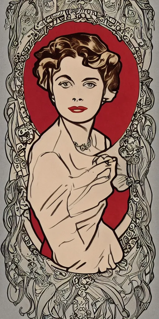 Image similar to ingrid bergman in the style of mucha