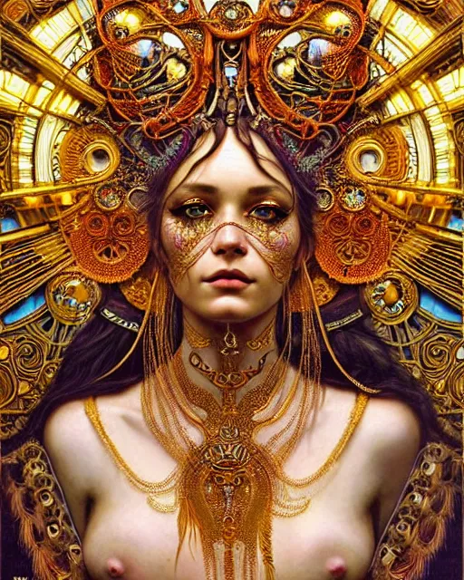 Prompt: hyperrealistic detailed portrait of a beautiful goddess in an intricate golden ornamental ritual headdress, intricate cyberpunk make - up, golden face tattoos, insane details, art by ernst haeckel, nekro borja, android jones, alphonso mucha, john william godward, gothic - cyberpunk, beautiful deep colours,