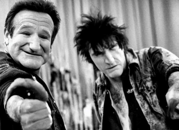 Image similar to promotional image of robin williams in a heavy metal band in a movie from 1978, rugged black clothes, detailed face, movie still frame, promotional image, imax 70 mm footage