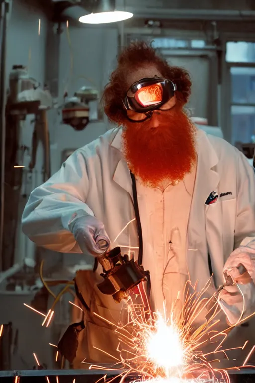 Image similar to an awkwardly tall scientist with a tangled beard and unruly red hair atop his balding head wearing a labcoat and welding goggles and holding a beaker, high resolution film still, movie by Ivan Reitman